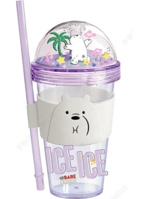 1001 Lisanslı We Bare Bears Ice Bear Simli Plastik Pipetli ve Kapaklı Suluk