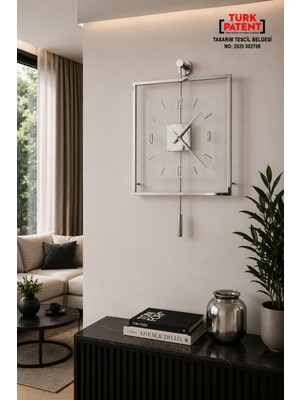 Sevinç Konsept Krom Rengi Quadro Kare Şeffaf Luxe 45 x 65 Cm, Modern Dekoratif Sarkaçlı Metal Duvar Saati