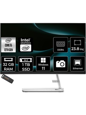1001 Ideacentre 24IAP7 I5 12450H 32GB 1tb SSD 23.8" Fhd W11H Beyaz All In One Bilgisayar