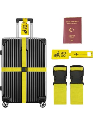 1001 Valiz Güvenlik Seti, 2 Adet Valiz Kemeri, Etiket ve Şeffaf Pasaport Kılıfı, 4 Parça (Sarı)