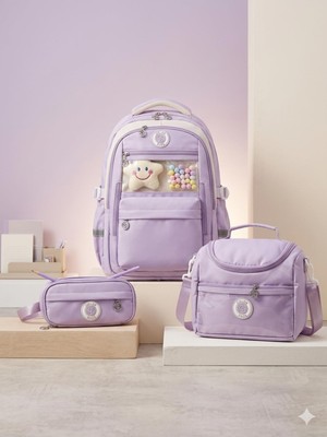 1001 Pastel Rüyalar Çocuklar Için Ortopedik 3'lü Okul Çanta Seti Mor Unisex Sırt Çantası