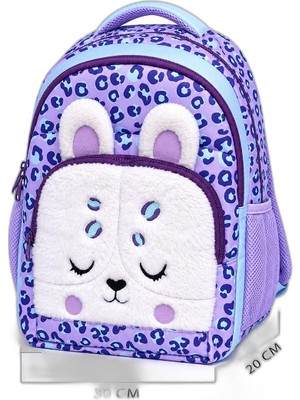 1001 Kız Çocuk Okul Çantası Peluş Leopar Cepli 3 Bölmeli – Su Itici Kumaş