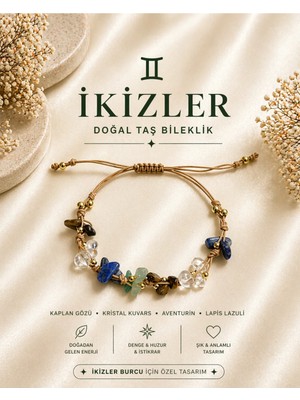 Femenino Ikizler Burcu Gerçek Doğal Taş Örme Bileklik - Aventurin, Lapis Lazuli, Kaplan Gözü, Kristal Kuvars
