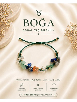 Femenino Boğa Burcu Gerçek Doğal Taş Örme Bileklik - Aventurin, Lapis Lazuli, Akik, Kristal Kuvars