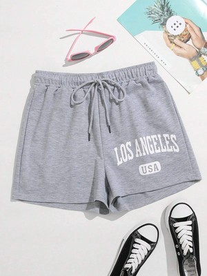 Tarzsokak Letter Graphic Drawstring Waist Track Şort