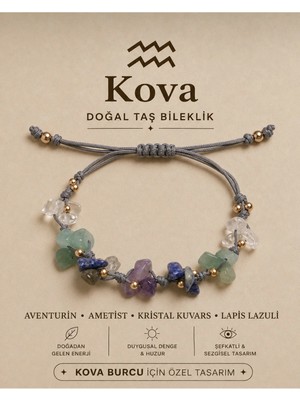 Femenino Kova Burcu Gerçek Doğal Taş Gri Ip Örme Bileklik - Aventurin, Ametist, Lapis Lazuli, Kristal Kuvars