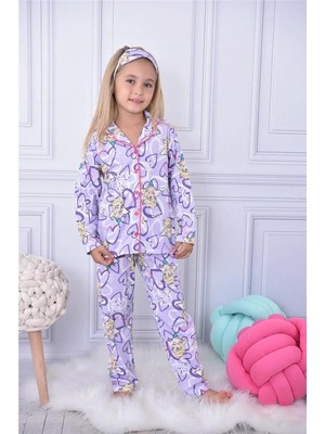 Lillypicca Kız Çocuk Desenli Pamuklu Önden Düğmeli Göz Bantlı Uzun Kol Pijama Takımı 9030