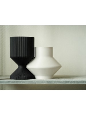 Alvera 3D Baskı Modern Dekoratif Ikili Vazo Seti - Minimalist Çizgili Çiçek Vazosu-Siyah-Beyaz