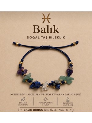 Femenino Balık Burcu Gerçek Doğal Taş Lacivert Ip Örme Bileklik - Aventurin, Ametist, Lapis Lazuli, Kristal Kuvars