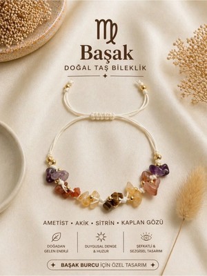 Femenino Başak Burcu Gerçek Doğal Taş Örme Bileklik - Kaplan Gözü, Akik, Ametist, Sitrin