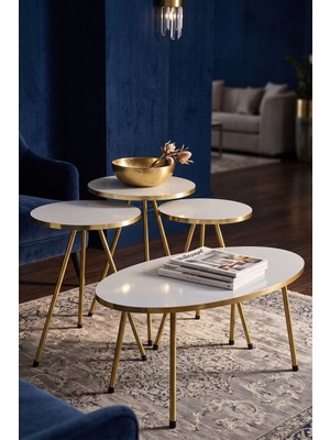 Alvera Gold Oval Sehpa Seti Beyaz 4'lü