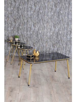 Alvera Gold Metal Düz Ayak 4'lü Sehpa Siyah