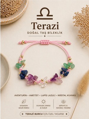 Femenino Terazi Burcu Gerçek Doğal Taş Örme Bileklik - Aventurin, Lapis Lazuli, Ametist, Kristal Kuvars