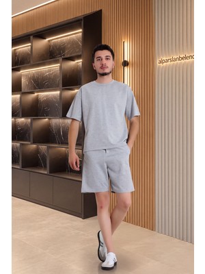 Belendir Iki Iplik Oversize Şortlu Erkek Takım Gri