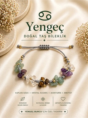 Femenino Yengeç Burcu Gerçek Doğal Taş Örme Bileklik - Aventurin, Kaplan Gözü, Kristal Kuvars, Ametist
