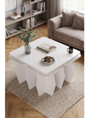 Alvera Orta Sehpa ve Zigon Sehpa 5'li Set Modern Çok Amaçlı Salon Oturma Odası Yan Sehpa 9247 Beyaz