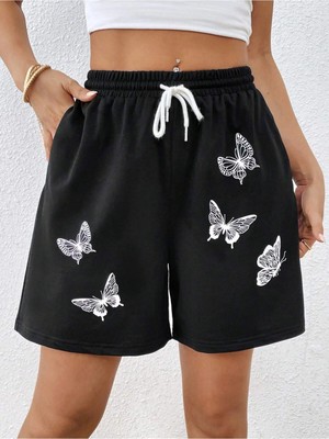 Tarzsokak Butterfly Print Drawstring Waist Şort