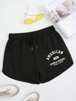 Tarzsokak Letter Graphic Drawstring Waist Track Şort