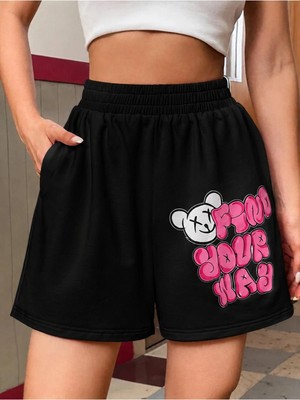 Tarzsokak Qutie Slogan & Cartoon Graphic Slant Pocket Track Şort
