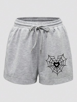 Tarzsokak Halloween Spider Web & Heart Print Drawstring Waist Şort