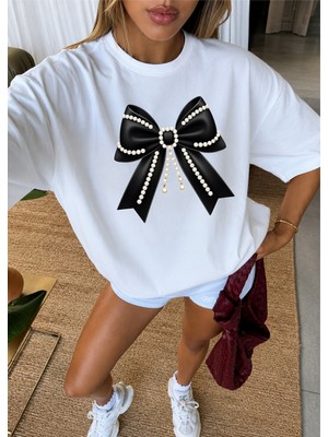 Donamod Unisex Kadın/erkek Oversize Pamuklu Kurdele Tasarımlı T-Shirt