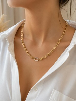 CM Jewelry Gold Zincir Tek Halka Zirkon Taşlı Çelik Kolye