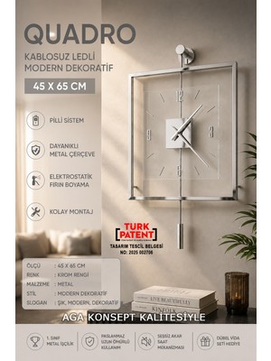 Aga Konsept Krom Rengi Quadro Kare Şeffaf Luxe 45 x 65 Cm, Modern Dekoratif Sarkaçlı Metal Duvar Saati