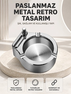 Uravas Store Çakmaklı Küllük Paslanmaz Metal Yuvarlak Tasarım