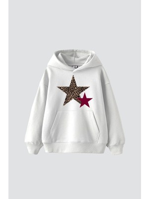 Tarzsokak Leopar Starz Baskılı Oversize Unisex Beyaz