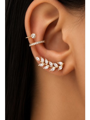 Trend Collection Altın Renk Zirkon Taşlı Yaprak Model Ear Cuff Küpe Parlak Detaylarla Şık Tasarım