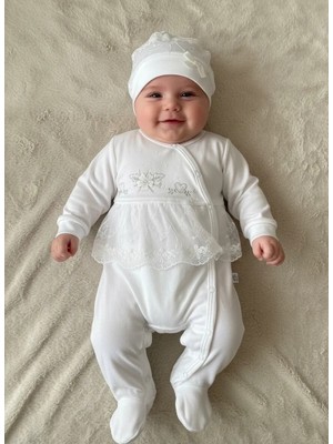 DMR Elegance Dantelli Çiçek Nakışlı Kız Bebek Tulum %100 Pamuk
