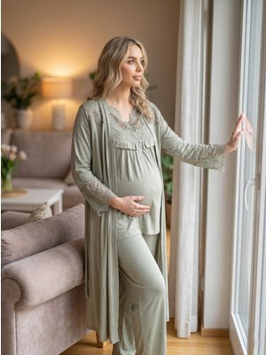 Lohussa Yeni Sezon Yeşil Yazlık Dantel Detaylı Tasarım Düğmeli Kısa Kollu Hamile Lohusa Sabahlık Pijama Takımı 3'lü Set