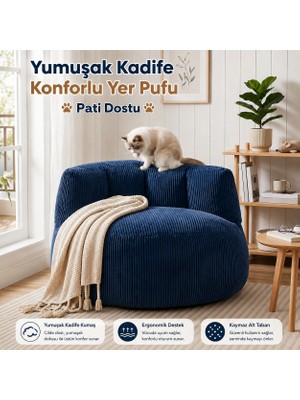 Puffiber Premium Yer Pufu Fitilli Kadife Tek Kişilik Relax Koltuk 94X76 cm
