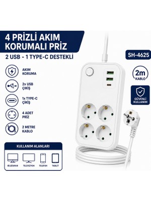 AŞIK STORE SH-4629 4’lü Topraklı Akım Korumalı Priz 2 USB 1 Type-C Şarj Çıkışlı 2 Metre Kablolu Anahtarlı Çoklu Grup Priz Uzatma Kablosu