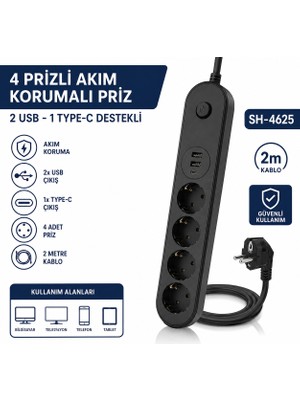 AŞIK STORE SH-4625 4’lü Topraklı Akım Korumalı Çoklu Priz 2 USB 1 Type-C Çıkışlı 2 Metre Kablolu Anahtarlı Grup Priz Uzatma Kablosu