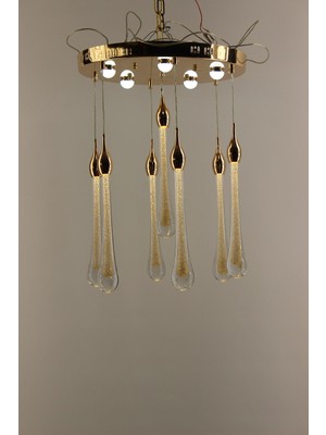 GN Gen Aydınlatma Lüks Gold Çemberli Seri 7li Uzun Kristalize Damla Model Beyaz LED Avize