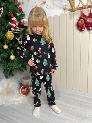 Çocuk Yeni Yıl Temalı Pijama Takımı Siyah