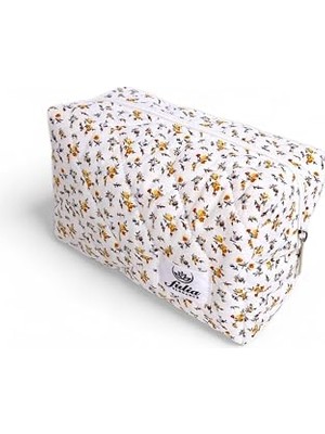 Esranın Dünyası Makyaj Çantası | Makeup Bag | Kapitone Bakım Seyahat Kozmetik Çantası (Beyaz-Sarı)