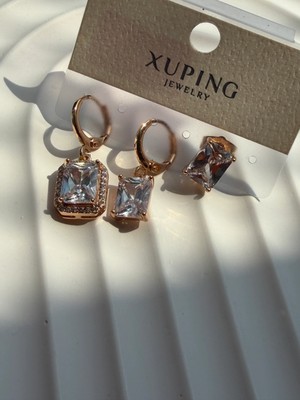 Xuping Jewelry Xupıng Gold Büyük Taşlı Dikdörtgen Sallantılı Küpe