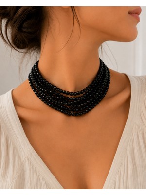 Poyase 6 Sıra Siyah Inci Choker Kolye 36 cm Boyna Yakın Dökümlü Tasarım