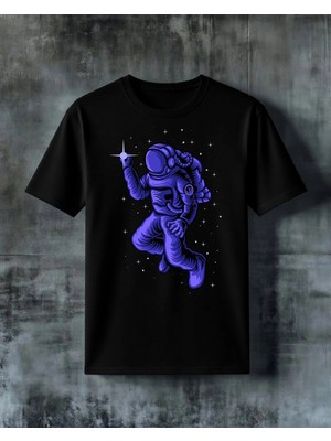 Comvicho Astronot Mor Baskılı Oversize Tişört