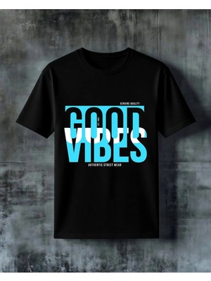 Comvicho Good Vibes Mavi Baskılı Oversize Tişört