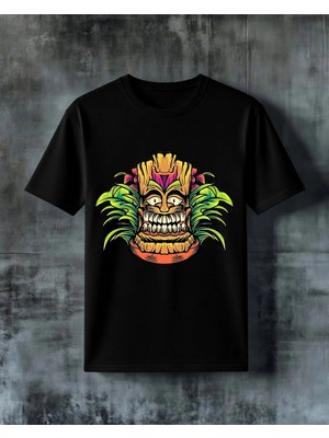 Comvicho Tiki Maskesi Tropical Baskılı Oversize Tişört