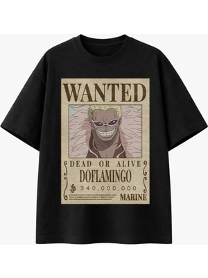 Comvicho Wanted Doflamıngo Baskılı Siyah Tişört