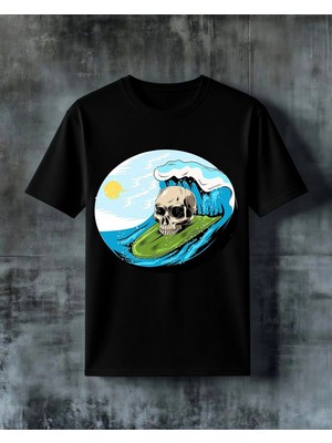 Comvicho Skull Surfing Dalga Baskılı Oversize Tişört