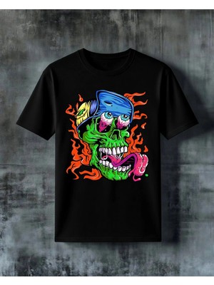 Comvicho Zombie Kafa Yangin Baskılı Oversize Tişört