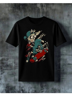 Comvicho Iskelet Skateboard 7 Baskılı Oversize Tişört