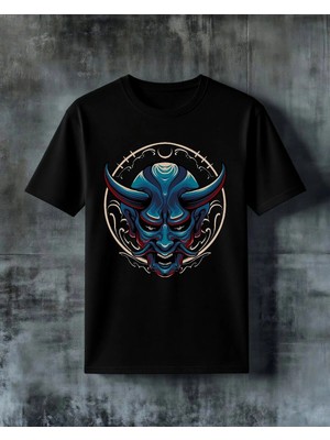 Comvicho Demon Kafa Mavi Kirmizi Baskılı Oversize Tişört