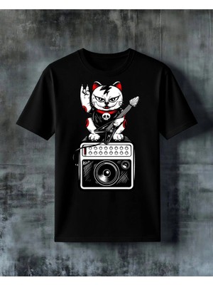 Comvicho Kedi Rock Gitar Kedi Baskılı Oversize Tişört