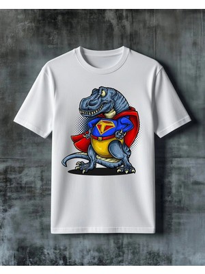 Comvicho Dinozor Super Kahraman Baskılı Oversize Tişört
